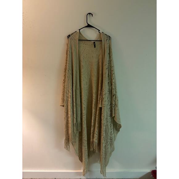 Torrid Beige Open Knit Fringe Shawl Wrap Cardigan – One Size Boho Layering - Picture 1 of 4